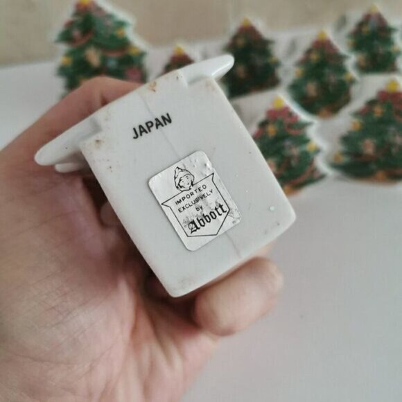 Vintage Christmas Tree Ceramic Napkin Rings & Candle Holder Set, Abbott Japan - Picture 3 of 10